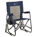 Luxury Camp Stowaway Rocker - Choice 794 - Heavy-Duty Kickback Rocker with Beverage Holder - Navy Topo