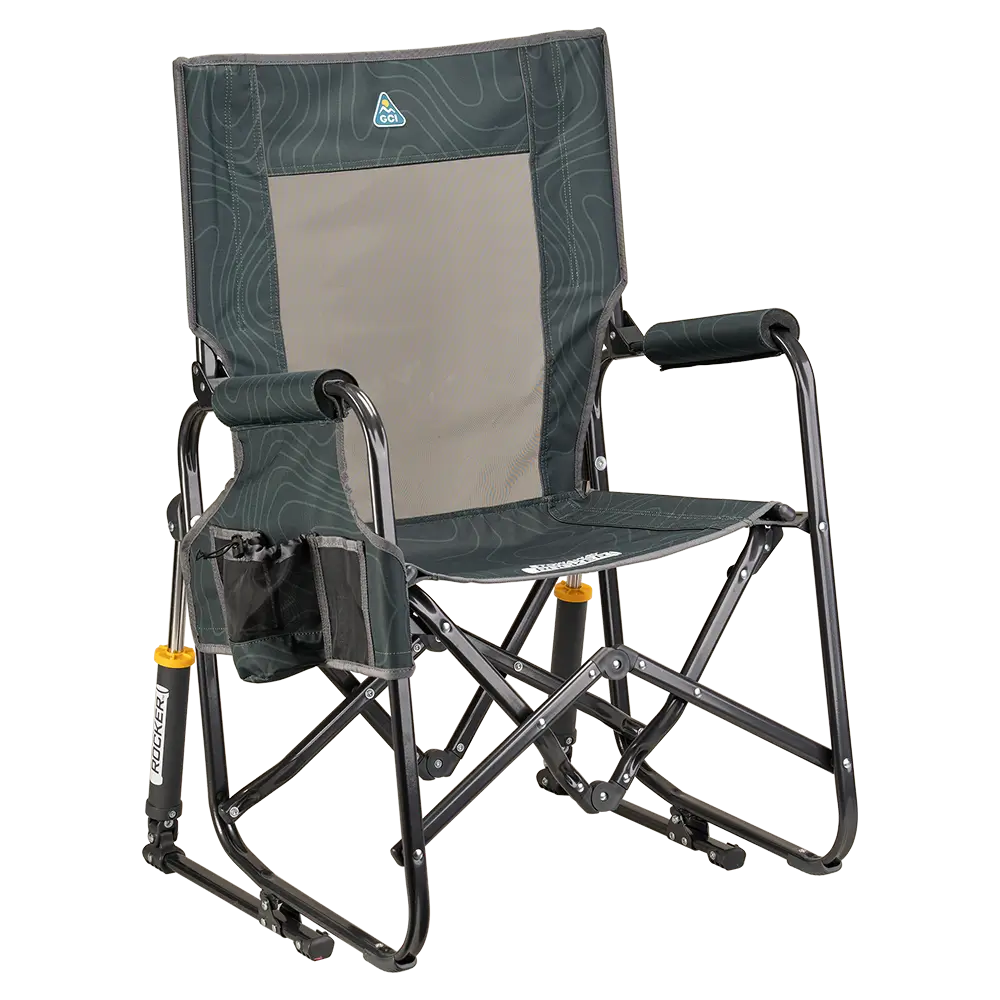 Luxury Camp Stowaway Rocker - Choice 794 - Heavy-Duty Kickback Rocker with Beverage Holder - Hunter Topo