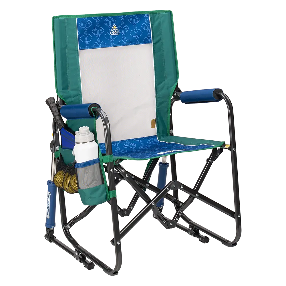 Luxury Camp Stowaway Rocker - Choice 794 - Heavy-Duty Kickback Rocker with Beverage Holder - Pickleball Green