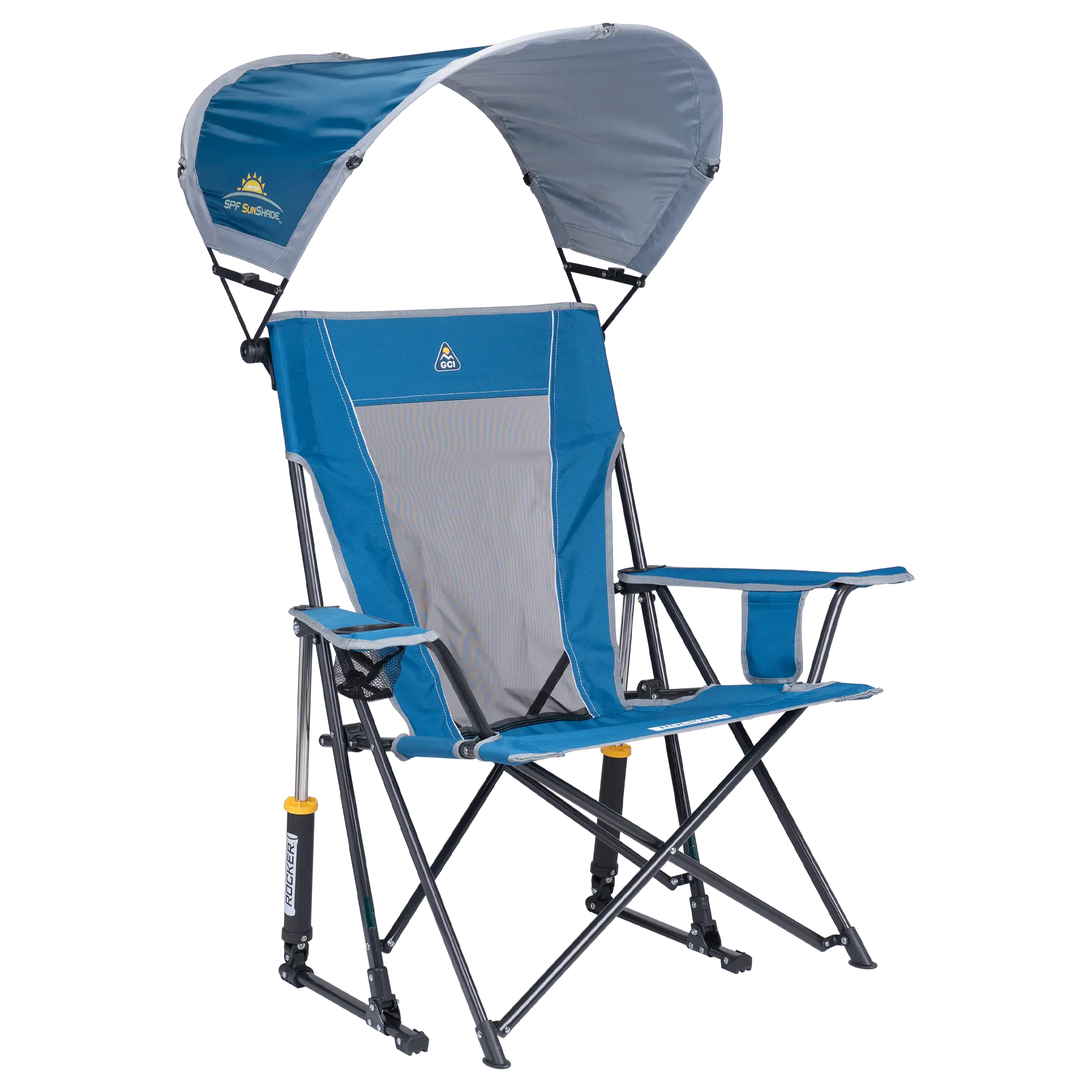 Luxury Camp SunShade Rocker - Choice 550 - Patented Spring-Action Rocking Chair for Camping - Neptune Blue