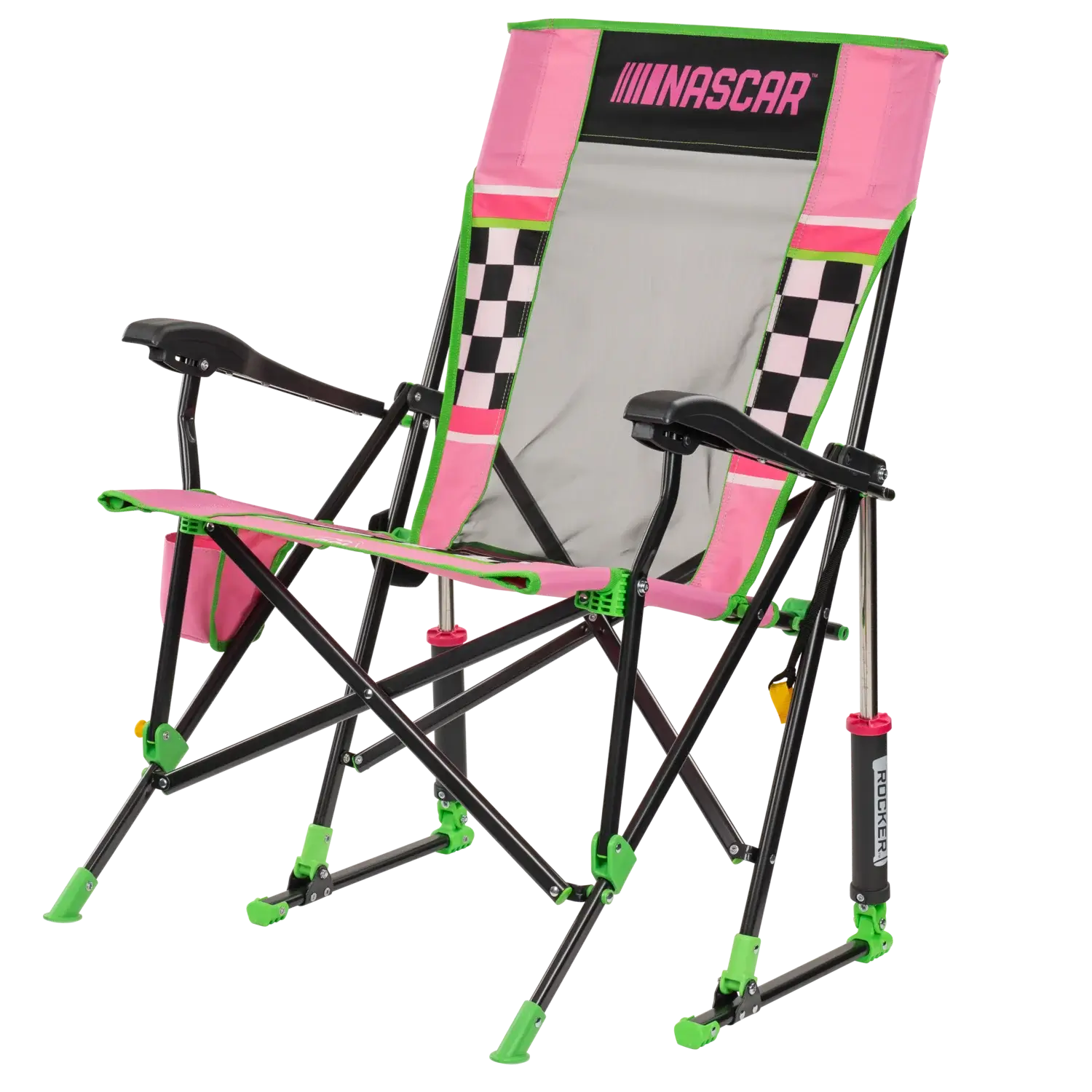 Patented Spring-Action RoadTrip Rocker - NASCAR For Her - Choice 560 - Heavy-Duty Kickback Rocker with Beverage Holder Detail