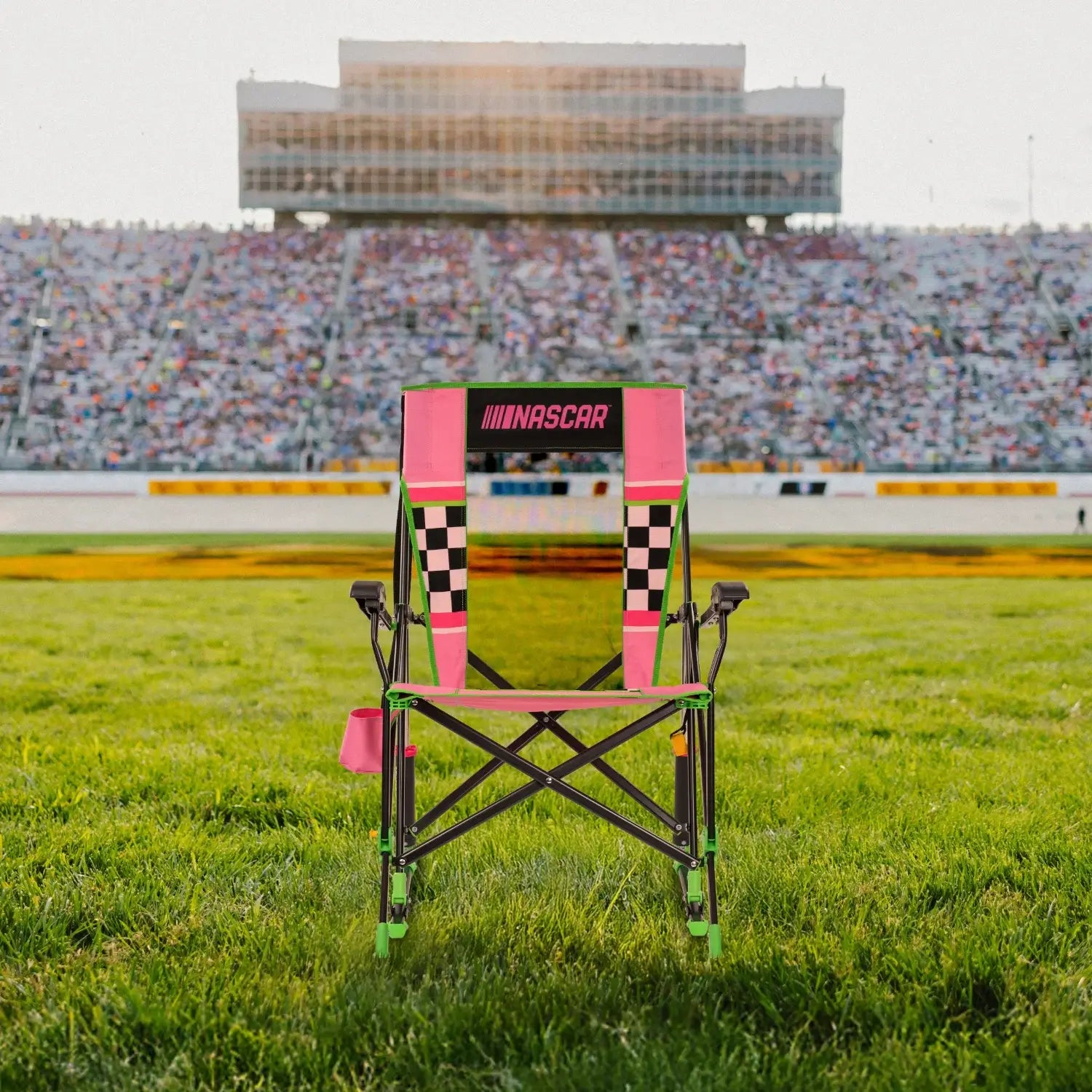 Patented Spring-Action RoadTrip Rocker - NASCAR For Her - Choice 560 - Heavy-Duty Kickback Rocker with Beverage Holder Detail