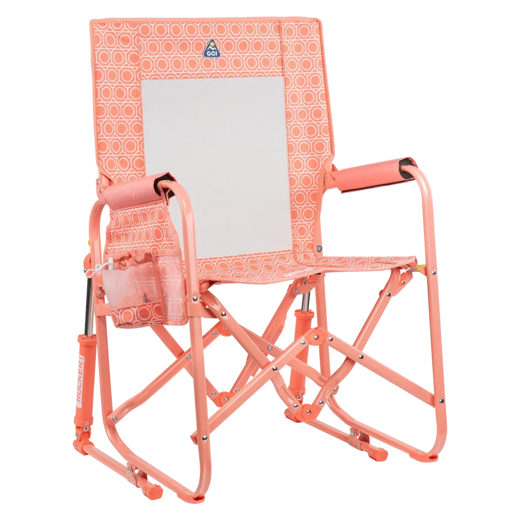 Luxury Camp Stowaway Rocker - Choice 794 - Heavy-Duty Kickback Rocker with Beverage Holder - Coral Mosaic